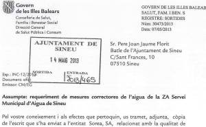 Requeriment de la Conselleria de Salut a l'Ajuntament de Sineu.