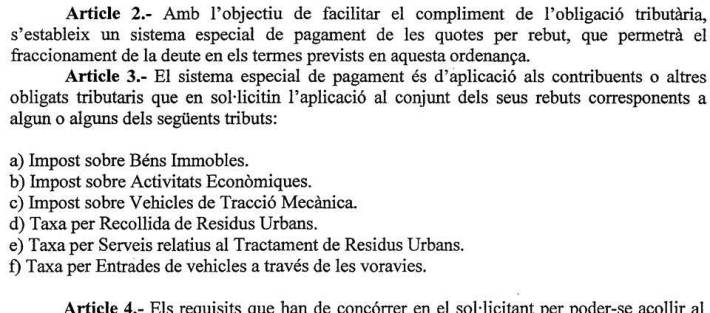 Extracte de l’ordenança municipal que hauria de permetre pagar els imposts en diverses tongades i no de cop. E