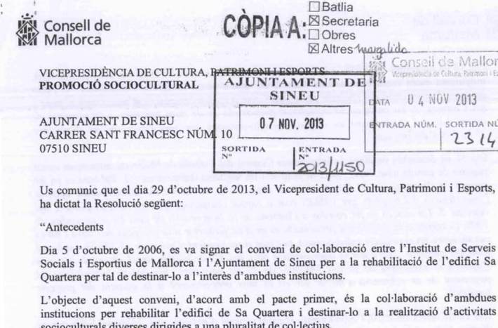 Comunicat del Consell de Mallorca al consistori sineuer, aquest novembre.