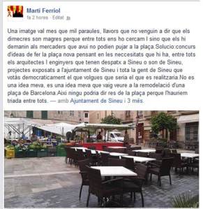 Missatge en les xarxes socials, mostrant el descontentament d'un sineuer amb la situació de sa plaça. 