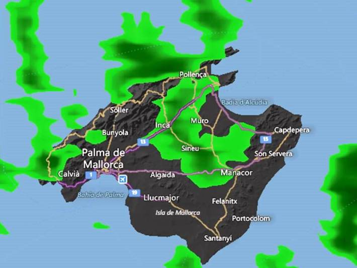 Pluges damunt Mallorca a les 10:45h d'avui. 