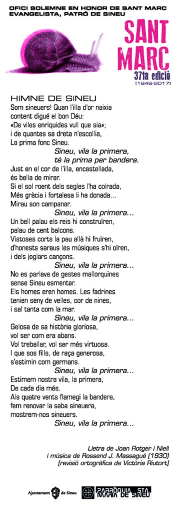 Lletra de l'himne de Sineu al fulletó dissenyat per na Rosa Mascaró.