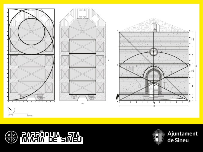 Esquemes geomètrics de l'alçat i planta de l'església elaborats per Joan Vanrell i Torelló.